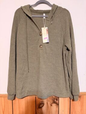 Dokotoo Olive Waffle-Knit Hoodie with Drawstring